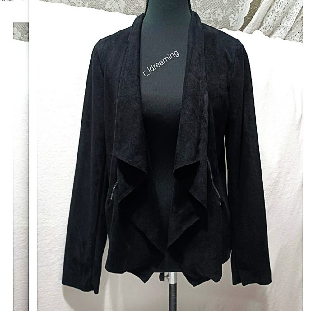 Vintage Blush Black Faux Suede Open Front Jacket W/Zippered Pockets Size Small